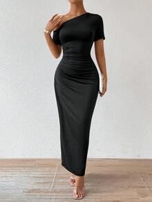 Chiquease Solid Color Asymmetric Neckline Ruched Fitted Elegant Short Sleeve Dress - Black - View 3