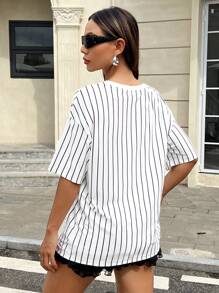 SHEIN EZwear Women's Football Jersey, Loose Fit Color Block Striped Letter Print Short Sleeve T-Shirt - White - View 2