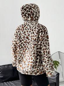 SHEIN EZwear 豹纹袋鼠口袋落肩连帽双面泰迪羊毛卫衣 - 卡其色 - 查看 2