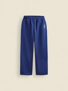 SHEIN Tween Boys' Blue Lightning Embroidered Elastic Waist Knit Wide Leg Sweatpants, Autumn/Winter - Blue - View 1