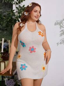 Flirla Hand-Crocheted Floral Pattern Slit Dress With Neck Tie For Plus Size Women - White - View 5