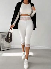 SHEIN Privé Women's Elegant Basic Simple Lace High-Waist Capri Leggings - White - View 6