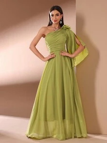 Solid Color Casual Dress For Women With Diagonal Shoulder & 3D Floral Decor - Green - View 4