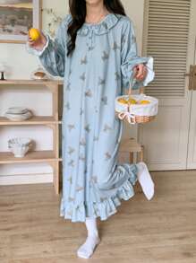 DAZY Cute Bear Pattern Ruffle Hem Loose Sleep Dress, Moo Moo, Fall Pajama, Winter - Blue - View 5
