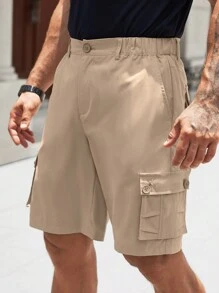 Manfinity Homme Men's Solid Color Workwear Cargo Pocket Loose Fit Casual Shorts - Khaki - View 1