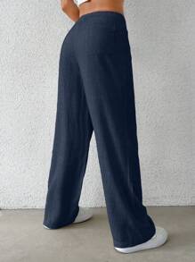 SHEIN EZwear Quần nữ dệt thường ngày màu xanh hải quân - Màu xanh hải quân - Xem 2