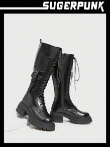 Sugerpunk Woman Shoes Motorcycle Style PU Leather Thick Sole Black Boots - Black - View 5