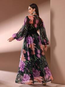 女士花卉印花长袖夹克和纯色连衣裙两件套