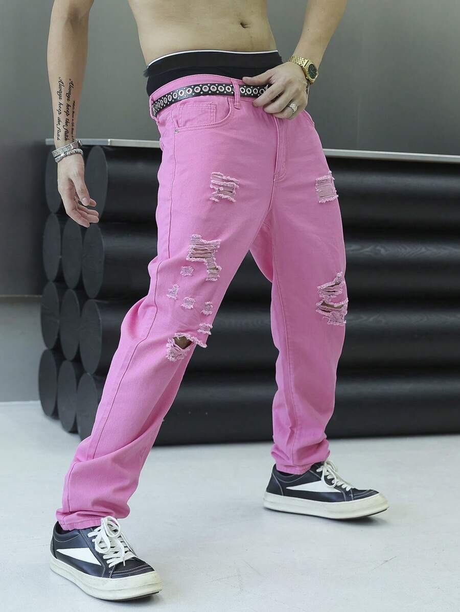 Manfinity EMRG 男式口袋破洞直筒休闲粉色牛仔裤