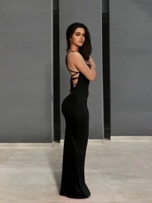 Swim SXY Women Solid Color Spaghetti Strap Backless Sleeveless Black Dress - Black - View 6