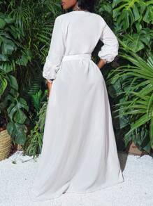 Slaydiva 2024 年新款休闲街头服饰优雅性感纯色泡泡袖系带长款衬衫裙，深 V 领和纽扣