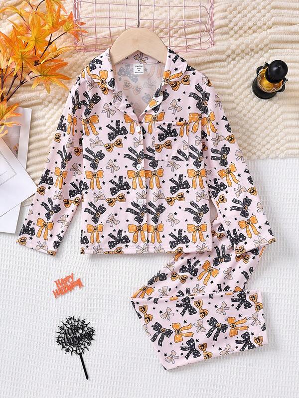 2pcs Young Girl Casual Pumpkin & Bow Print Pink Cardigan & Pants Pajama Set, For Halloween Party