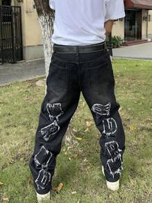 Manfinity EMRG Vaqueros de mezclilla casuales simples con decoración de línea en forma de letra para hombres estilo Y2K - Negro - Ver 5