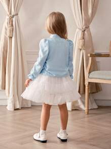 SHEIN 2 piezas Conjunto de chaqueta de manga larga con jacquard y vestido de malla para niñas, primavera otoño - Blanco - Ver 2