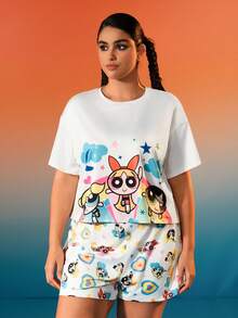 THE POWERPUFF GIRLS X SHEIN Plus Size Thời Trang Homewear In Hình Hoạt Hình Rớt Vai Áo Phông Và Quần Short Dáng Rộng Màu Trắng Bộ Pyjama, Mùa Hè - trắng - Xem 4