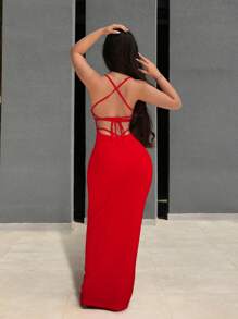 Sirith 女士纯色细肩带露背无袖连衣裙，适合新年服装，长款女士服装