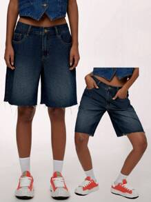 Forever 21 Women's Vintage Low Waist Denim Wide Leg Shorts With Frayed Hems And Pockets