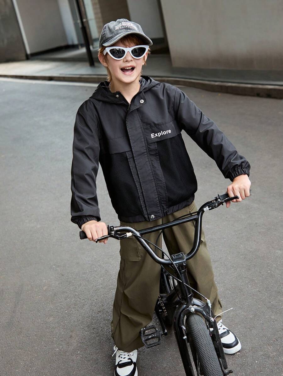 SHEIN Áo khoác có mũ trùm đầu có họa tiết chữ cái dành cho nam giới cho trang phục hàng ngày - màu đen - Xem 1