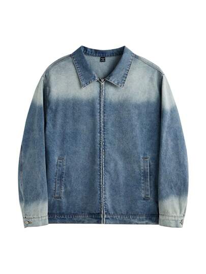Chillumni Plus Size Men's Vintage Light Blue Denim Zip-Up Jacket