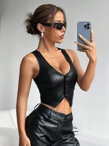 SHEIN EZwear 女士新款纯色弹力皮革紧身背心，适合日常外出 - 黑色 - 查看 4