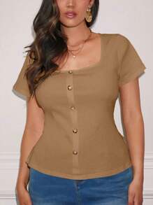 Auralis Plus Size Cổ tròn trơn đơn ngực ngắn tay áo thun đơn giản thông thường - Lạc đà - Xem 8