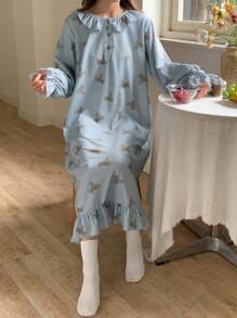 DAZY Cute Bear Pattern Ruffle Hem Loose Sleep Dress, Moo Moo, Fall Pajama, Winter - Blue - View 6