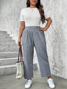 SHEIN LUNE Quần sọc nữ cỡ lớn - Đen và trắng - Xem 5