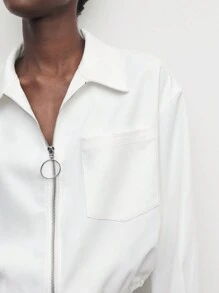 BizChic Women's Casual Solid White Zipper Jacket With Pockets, Long Sleeve - White - View 9