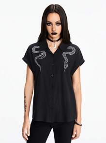 ROMWE Goth Camisa casual de mujer con bordado de serpiente - Negro - Ver 3