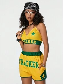Muchica Y2K Dạo Phố Chic Colorblock Brazil Quần Short Bikini In Hình Bộ Co-Ord Cho Nữ - Màu vàng - Xem 4