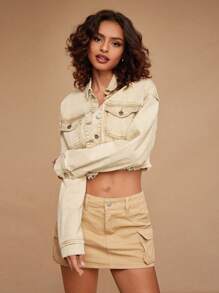 Forever 21 Flap Pocket Raw Hem Crop Denim Jacket - Khaki - View 6