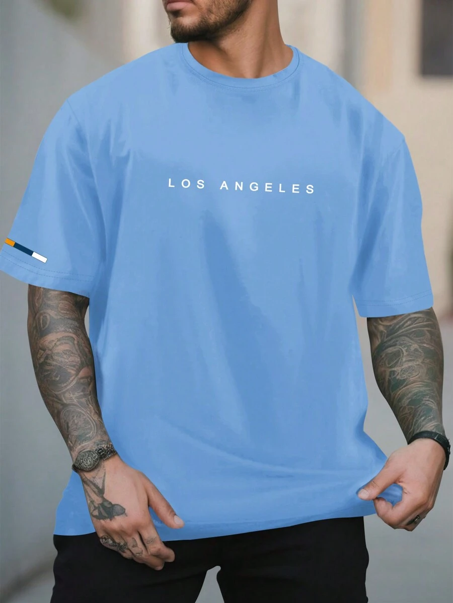 Manfinity Homme Men's Short Sleeve T-Shirt With Letter Print And Round Neck - Dusty Blue - View 1