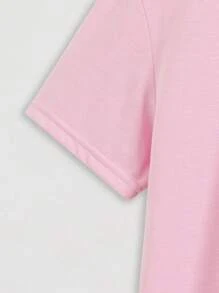 SHEIN LUNE 休闲简约“这是美好的学习日”口号印花圆领粉色短袖修身大码女式 T 恤，夏季 - 粉色 - 查看 4