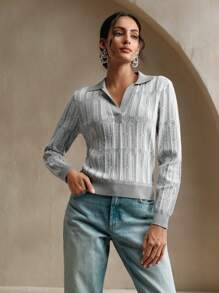 Anewsta Women's Casual Gray & White Contrast Color Hollow Knit Sweater