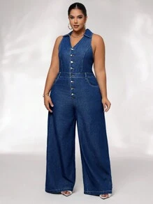 SHEIN SXY Plus Size V-Neck Sleeveless Single-Breasted Belted Pockets Straight Loose Casual Chic Denim Overall Jumpsuit