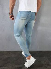 Manfinity LEGND Men's Light Blue Washed Distressed Slim Fit Denim Jeans - Light Wash - View 2