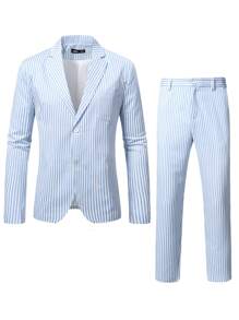 Manfinity Mode Men's Spring/Fall Lapel Neck Striped Long Sleeve Suit Jacket And Pants Set - Blue and White - View 3