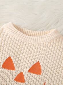 SHEIN 男婴万圣节南瓜脸刺绣毛衣，温暖舒适的针织套头毛衣，适合休闲、节日、家居、万圣节派对 - 杏色 - 查看 3