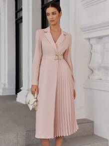 SHEIN Privé Vintage French Style Lapel Patchwork Pleated Hem Midi Dress, Spring & Fall - Pink - View 1