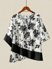 大码 2 件套：不对称下摆全印花短袖上衣和休闲宽松舒适裤 - 彩色 - 查看 3