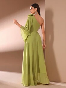 Solid Color Casual Dress For Women With Diagonal Shoulder & 3D Floral Decor - Green - View 2