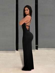 Swim SXY Women Solid Color Spaghetti Strap Backless Sleeveless Black Dress - Black - View 8