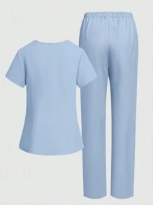 TaskEZ 2-delig verpleegsteruniform met V-hals, korte mouw en broek, damesscrubsset, effen kleur