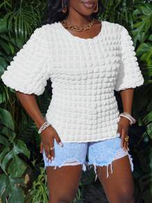 Slaydiva 2024 New Casual Basic Women's Textured Checked Round Neck Puff Sleeve White Short Sleeve Top