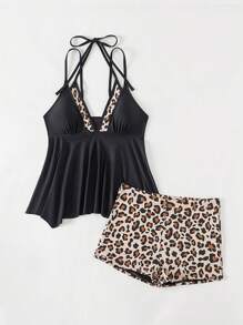 Swim Lushoire Ladies Leopard Printed Splice Halterneck Tie Casual Tankini Set Summer