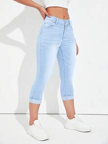 SHEIN Essnce Quần jean lửng nữ kiểu dáng đơn giản, thích hợp mặc hàng ngày. - Rửa nhẹ - Xem 4