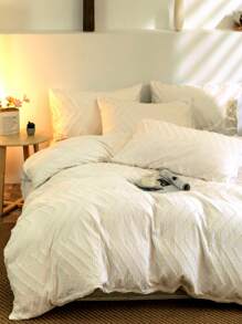 3 件白色双面簇绒几何图案羽绒被套套装（1 件羽绒被套 + 2 件枕套，不含枕芯），柔软双色设计床上用品套装，适用于卧室和客房，学校宿舍床上用品套装