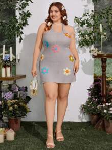 Sunnyshic Hand-Crocheted Floral Pattern Plus Size V-Neck Lace-Up Dress For Women