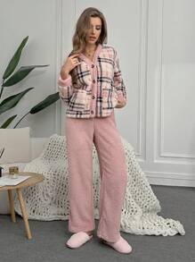 Women's Plaid Printed Long Sleeve Solid Color Straight Pants Fluffy Pajama Set, Fall Winter Clothes