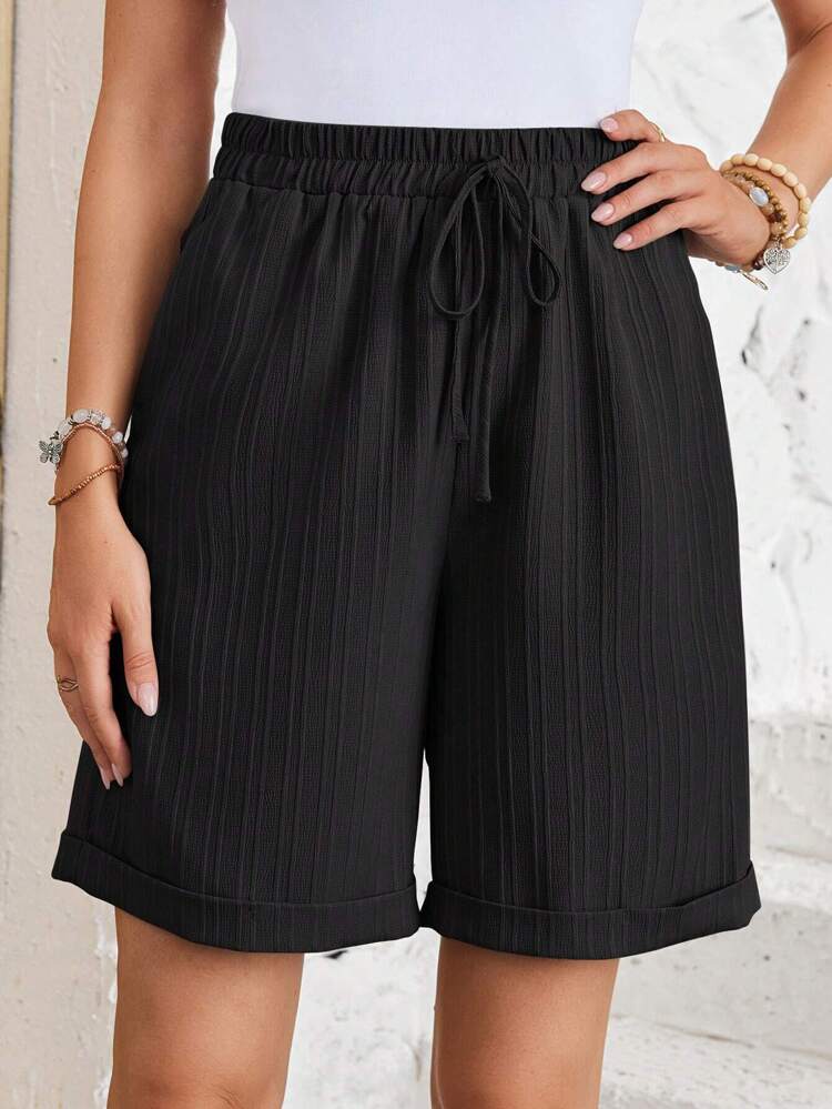 Women's Solid Color Waist Tie Pocket Casual Shorts